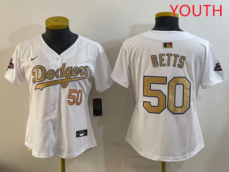 Youth Los Angeles Dodgers #50 Betts White Champion gold character 2025 Nike MLB Jersey style 409->youth mlb jersey->Youth Jersey